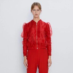 Zara red organza overlay bomber jacket, S